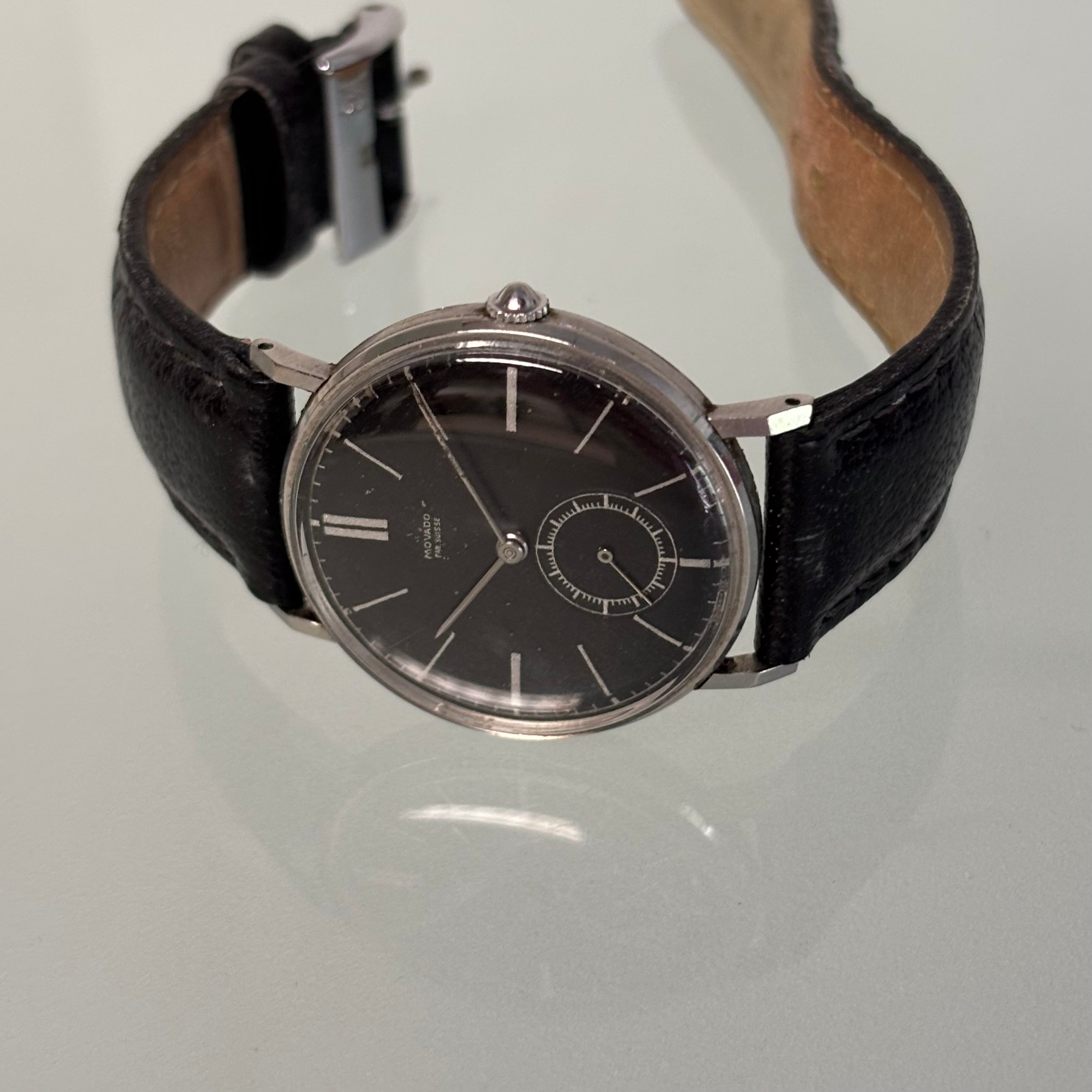 Movado “Fab. Suisse” Wristwatch – Black Dial, Stainless Steel